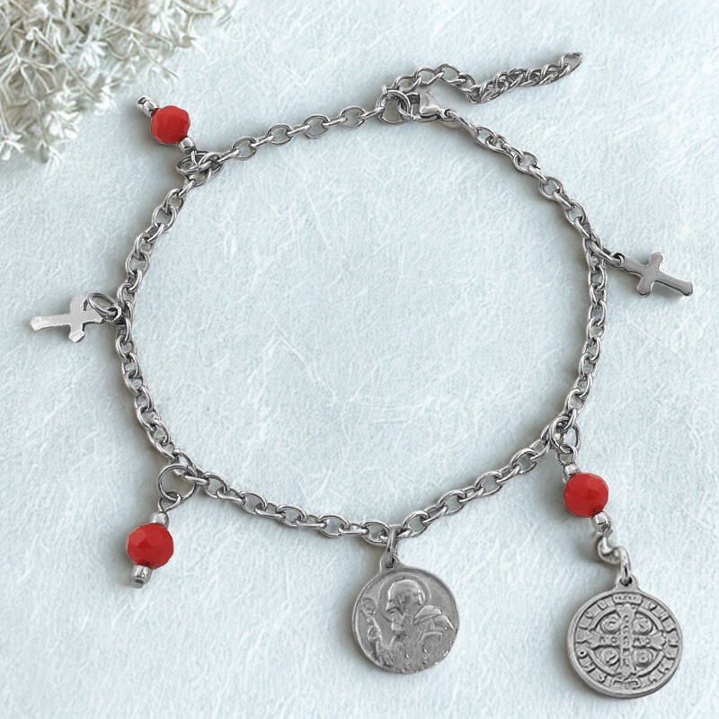 Pulsera San Benito con Bolitas Rojas 18 + 3 Cms.